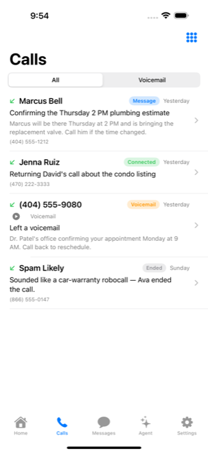 Call history showing screened calls, messages, voicemail and spam